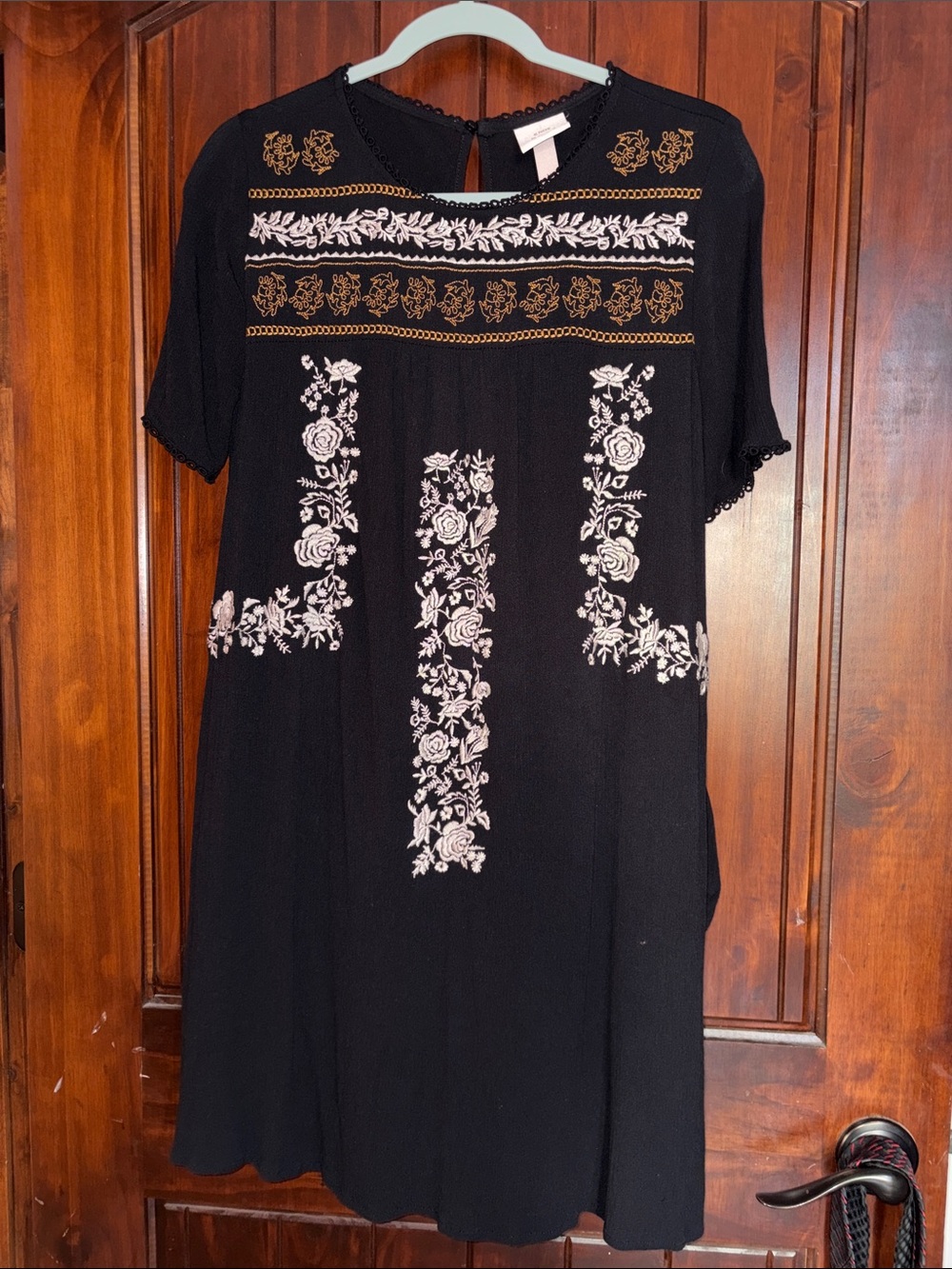 Black Embroidered Floral Shift Dress